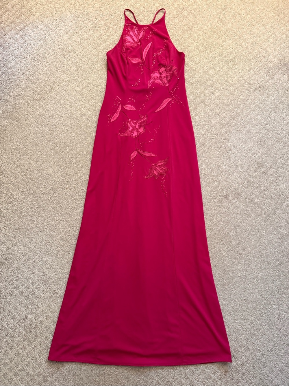 Fuchsia Pink Floral Embroidered Maxi Dress Beaded Gown Formal High Neck Formal 6 - Picture 2 of 11